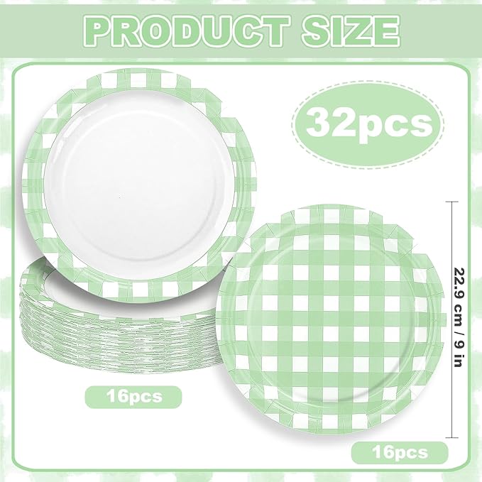 32 Pcs Green Gingham Party Plates - 9 Inch Checkered Plaid Dessert Plates Disposable Green and White Paper Plate - For Picnic BBQ Birthday Dinner Party Supplies