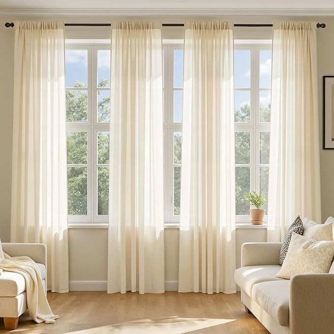 MIULEE Butter Cream Sheer Curtains 108 Inches Long, 4 Panels Set, Rod Pocket Voile Drapes Light Filtering and Semi Transparent, Elegant Window Treatments for Bedroom Living Room,42 x 108 Inches