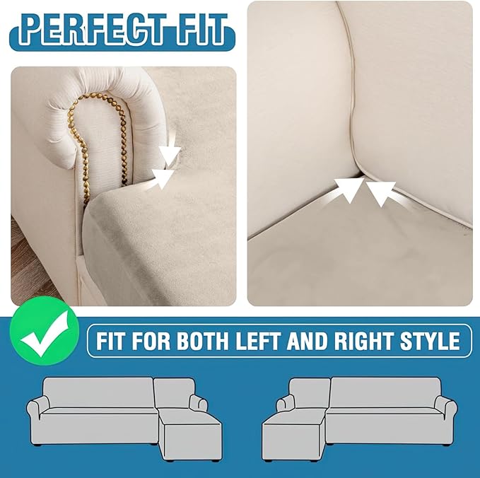 Couch Cover 8-Piece Elastic Velvet Couch Cushion Covers & Chaise Slipcovers for L-Shaped Sofas - Sofa Seat Covers Washable, Soft Protector for Couches (7 Seater + Chaise, Taupe)