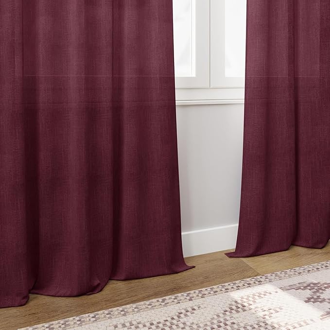 Nanspring Burgundy Linen Curtains 80 Inch Length for Living Room Light Filtering Semi Sheer Curtain Back Tab Vintage Boho Decor Elegant Luxury Drapes for Bedroom Dinner Room 52x80, 2 Panels