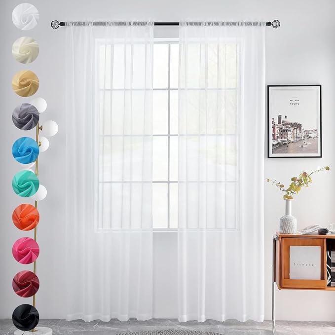 youleyar Solid Sheer Rod Pocket Curtain Voile Draperies 2 Panels White Beige Black Grey Coffee 42 Inch Width 45 Inch Long 1 Pair for Kitchen Bedroom Children Living Room Yard(White,42Wｘ45L)
