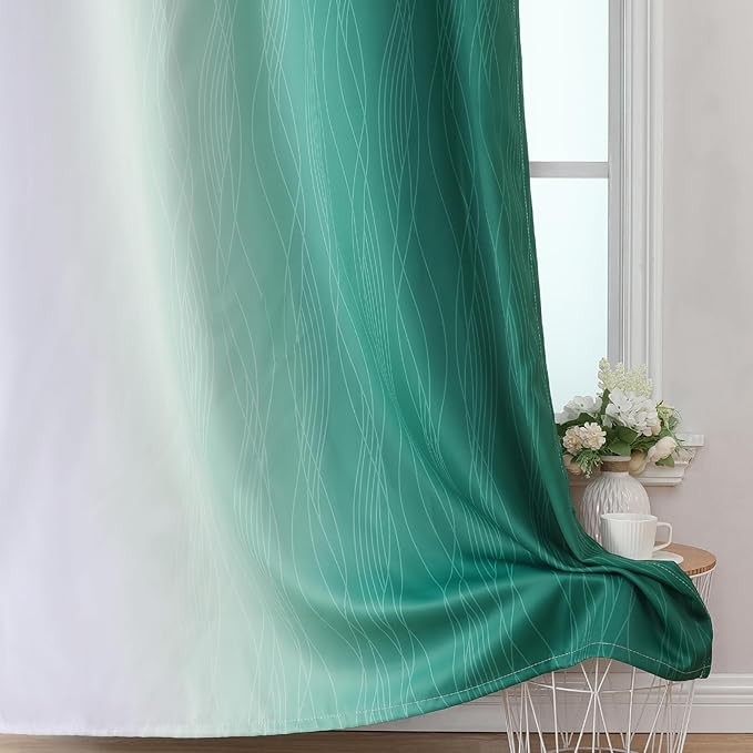 Estelar Textiler Green and Greyish White Ombre Blackout Curtains 45 Inch Length 2 Panels, Full Room Darkening Gradient Drapes for Kitchen, Thermal Insulated Grommet Short Curtains for Bathroom,42Wx45L