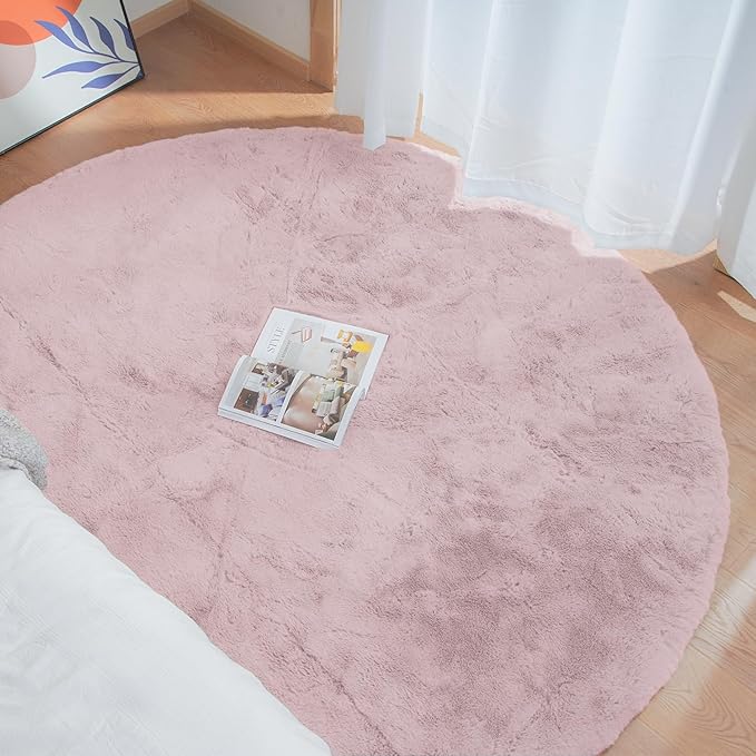 ORINOVA Pink Fluffy Round Rugs 6ft Large Circle Washable Faux Rabbit Shaggy Fur Rugs for Bedroom Living Room Nursery Rug Home Décor