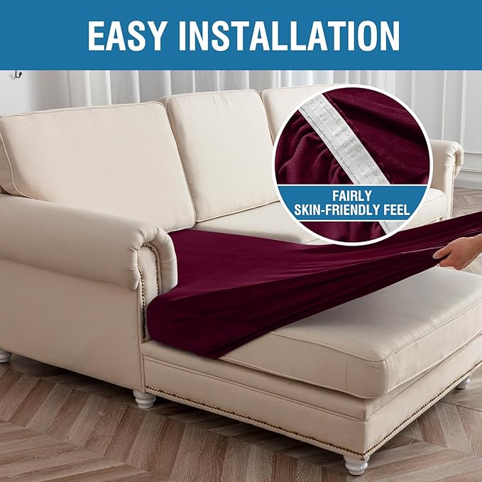 Couch Cover 6-Piece Elastic Velvet Couch Cushion Covers & Chaise Slipcovers for L-Shaped Sofas, Sofa Seat Covers Washable, Soft Cover for Couches (5 Seater + Chaise, Wine)