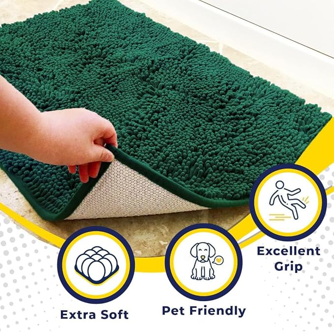 Muddy Mat® | Super Absorbent Door Mat Indoor, Microfiber Quick Dry Chenille Entryway Rug, Non-Slip Front Door Mat, Indoor Mats for Entryway, Machine Washable Pet Rug, Dark Green 16"x24"