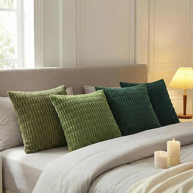 Fancy Homi Set of 4 Green Boho Winter Decorative Throw Pillow Covers 28x28 Inch for Couch Bed Sofa, Aesthetic Modern Bohemian Room Decor, Fuzzy Fluffy Cozy Corduroy Textured Cushion Case 71x71cm