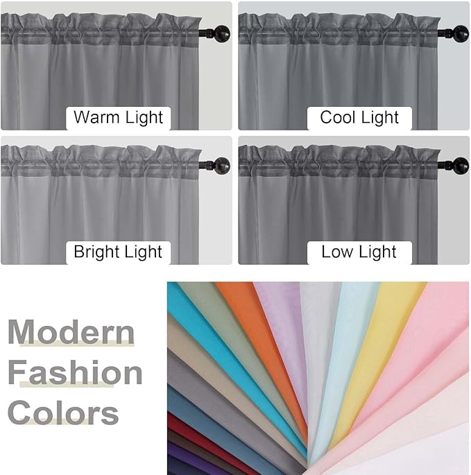 Grey Valances for Windows, Sheer Curtains 14 Inch Length 2 Pack Kitchen Curtain, Modern Solid Mini Small Window Curtains for Cafe Bathroom Basement, Grey, 42" Wx14 L Inch