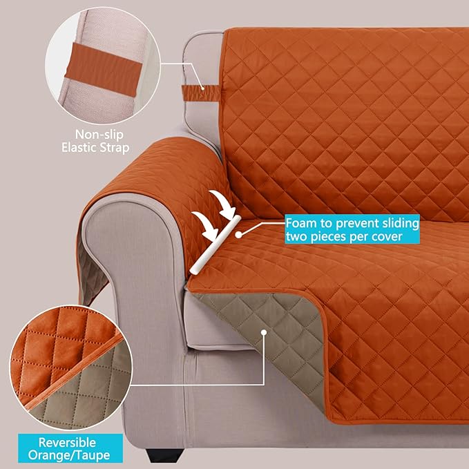 U-NICE HOME Reversible Oversized Chair Covers Quilted Water Repellent Pet Protectors with Elastic Straps(28''Armchair, Orange/Taupe)