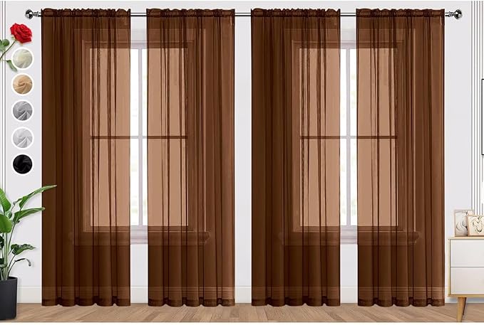 SpaceDresser Brown Sheer Curtains 4 Panels Rod Pocket Semi-Sheer Curtain 72 Inches Long Light Filtering Voile Window Drapes for Bedroom Living Room Kitchen, Each 52W x 72L