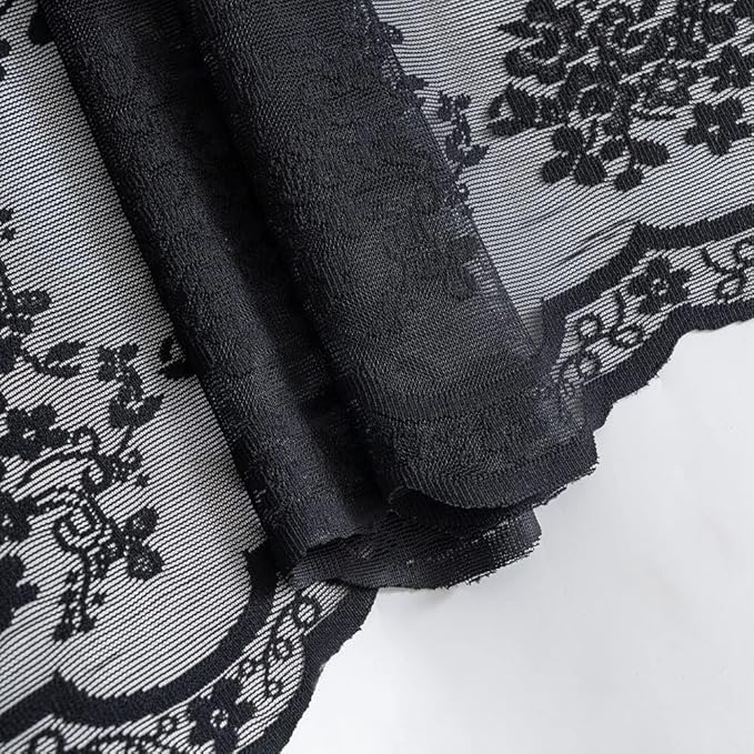 YJ YANJUN Vintage Lace Curtains 24 inch Length Set of 2 Victorian Gothic Short Half Curtains for Kitchen Bathroom RV Light Filtering Small Window Drapes Halloween Goth Dark Room Decor 26 x 24 Black