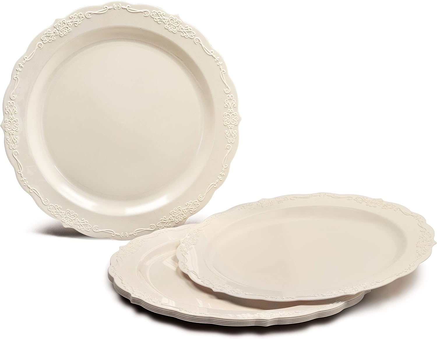 " OCCASIONS " 50 Plates Pack (25 Guests)-Vintage Wedding Party Disposable Plastic Plate Set -25 x 10'' Dinner + 25 x 7.5'' Salad/Dessert plates (Verona in Ivory)