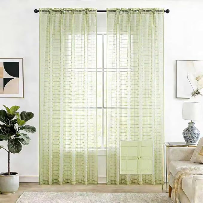 SpaceDresser Check Sheer Curtains 54 Inches 2 Panels Set, Rod Pocket Plaid Window Curtain for Living Room, Sage Green Semi Sheer Drapes for Kitchen Bedroom Children Room Yard（Sage Green, 52W x 54L）