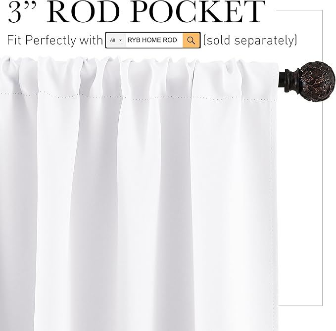 RYB HOME 54 inch Curtains for Living Room, Rod Pocket Thermal Insulated Small Window Drapes Room Darkening Shades for Bedroom Studio Dorm, W 42 x L 54 inch, Set of 2 Panels, Pure White