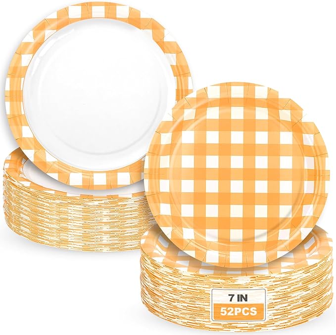 52 Pcs Orange Gingham Party Plates - 7 Inch Checkered Plaid Dessert Plates Disposable Orange and White Paper Plate - For Picnic BBQ Birthday Dinner Party Supplies