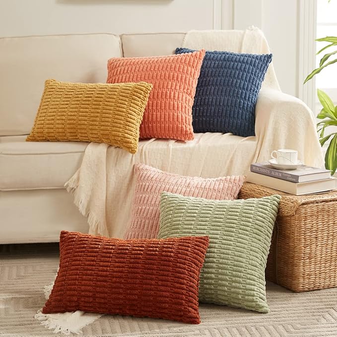 Fancy Homi 4 Packs Boho Coral Decorative Throw Pillow Covers 22x22 Inch for Living Room Couch Bed Sofa, Rustic Modern Farmhouse Home Decor, Soft Plush Corduroy Peach Cute Square Cushion Case 55x55 cm