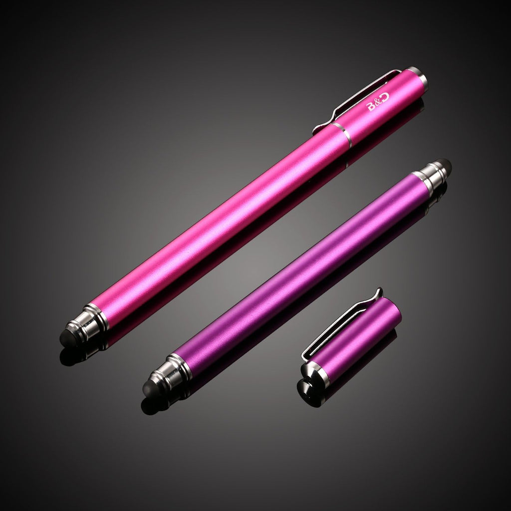 (2 Pcs) [New Upgraded][0.18-inch Small Tip Series] 2-in-1 Stylus/Styli 5.5-inch L with 10 Replacement Rubber Tips -Purple/Pink