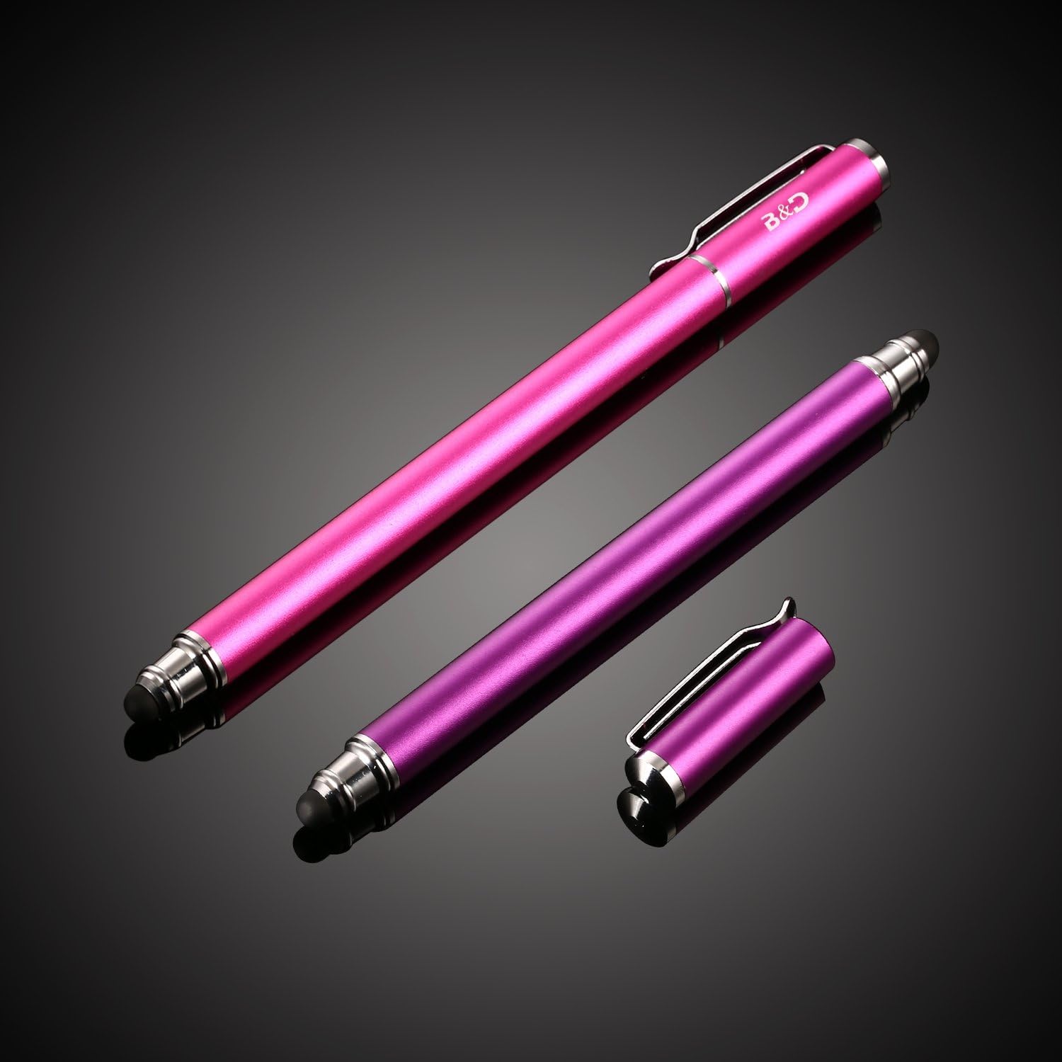(2 Pcs) [New Upgraded][0.18-inch Small Tip Series] 2-in-1 Stylus/Styli 5.5-inch L with 10 Replacement Rubber Tips -Purple/Pink