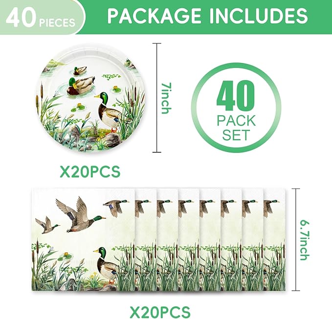 40Pcs One Lucky Duck Birthday Decorations Hunting Party Decor Mallard Duck Baby Shower Decorations Birthday Paper Plates and Napkins Set Party Supplies for 20 Guests