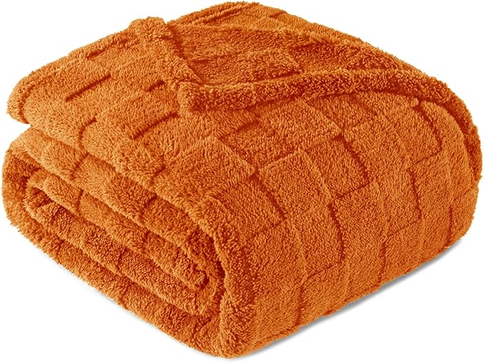 Exclusivo Mezcla Fleece Throw Blanket for Couch,Super Soft and Warm Lightweight Checkered Pattern Blanket for All Seasons, 50x60 Inches, Burnt Orange