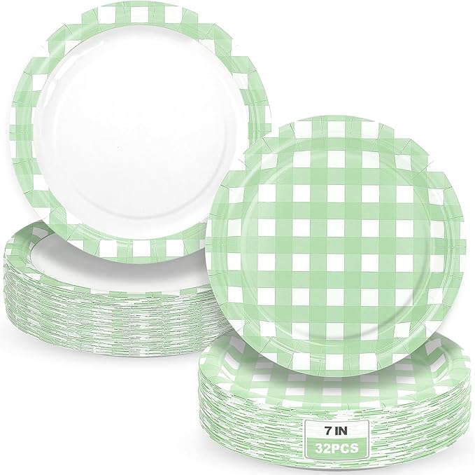 32 Pcs Green Gingham Party Plates - 7 Inch Checkered Plaid Dessert Plates Disposable Green and White Paper Plate - For Picnic BBQ Birthday Dinner Party Supplies