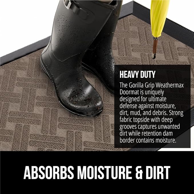 GORILLA GRIP 100% Waterproof All-Season WeatherMAX Doormat, 72x24, US Designed Natural Rubber, Stain and Fade Resistant, Low Profile Indoor Outdoor Door Mats, Easy Clean Patio Mat, Taupe Basket Weave