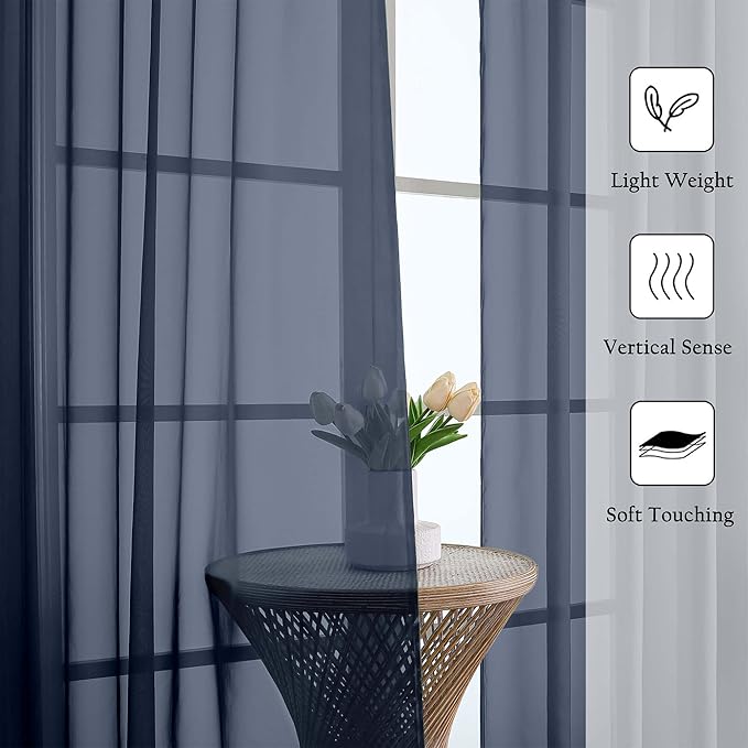 Lecloud Navy Blue Sheer Curtains 120 Inches Long 2 Pcs, Solid Voile Light Filtering Rod Pockets Window Curtains for Bedroom, Modern Farmhouse Decor Drapes for Living Room, Each Panel 59" W x 120" L