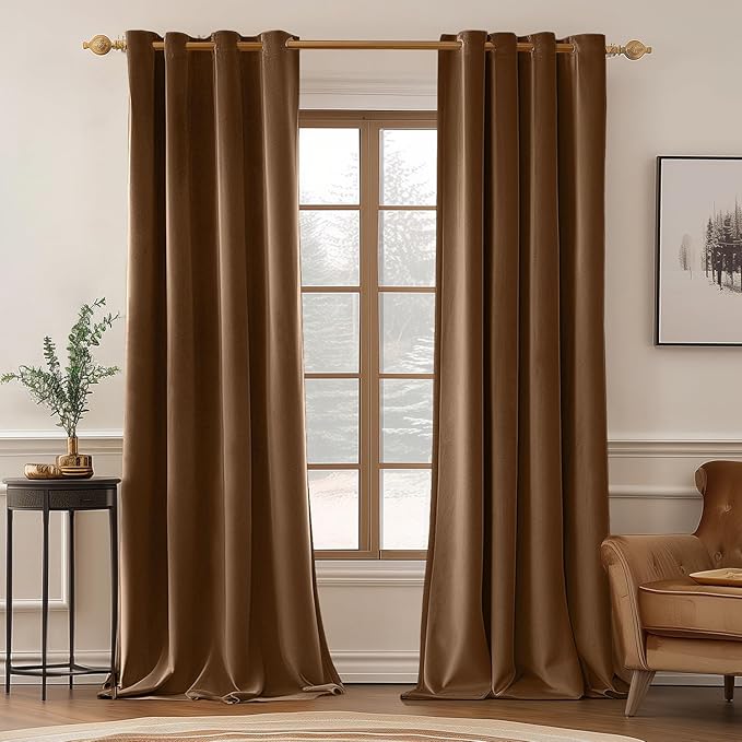 MIULEE Velvet Curtains Chocolate Elegant Grommet Thermal Insulated Soundproof Brown Room Darkening Curtains/Drapes for Classical Living Room Bedroom Decor 52 x 96 Inch Set of 2