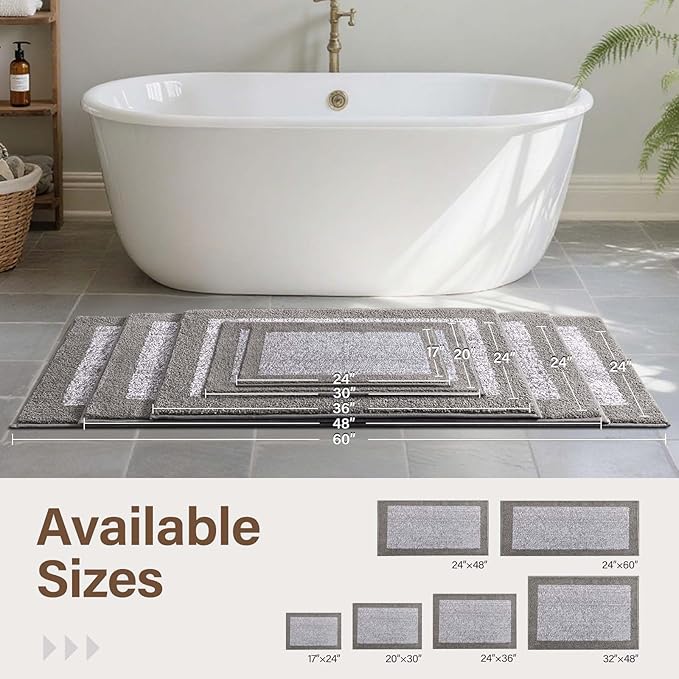 60x24 Long Bathroom Rugs Washable Non Slip, Light Grey Bath Mat for Bathroom Floor Tub, Soft Absorbent Quick Dry Mats for Shower, Bathtub,Home Decor