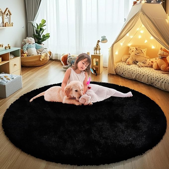 yulidayang Black Fluffy Round Area Rugs for Bedroom,3'X3'Shag Circle Area Rugs for Living Room,Non Slip Fuzzy Plush Rug for Kids Room Boys Girls Room and Dorm Home Decor Rug