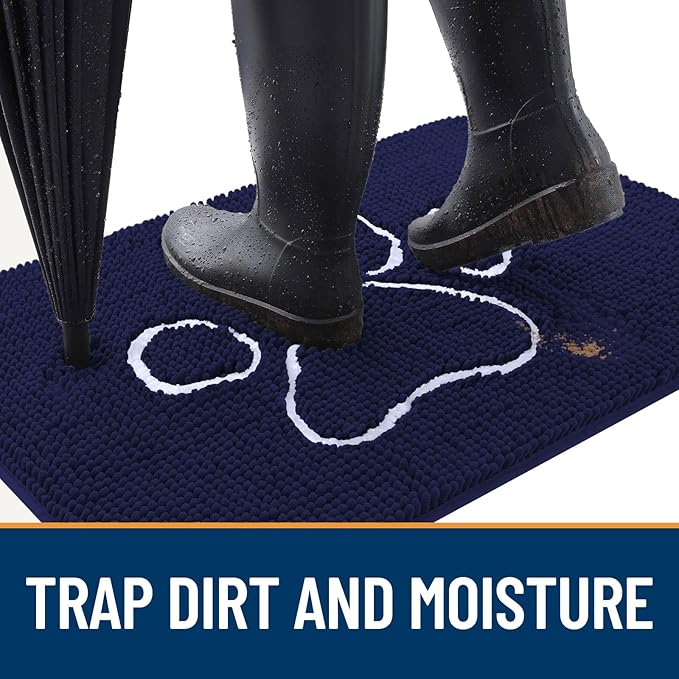 OLANLY Dog Door Mat for Muddy Paws 70x24, Paw Print Design, Absorbs Moisture and Dirt, Absorbent Non-Slip Washable Doormat, Quick Dry Chenille Mud Mat for Dogs, Entry Indoor Entryway Carpet, Navy Blue