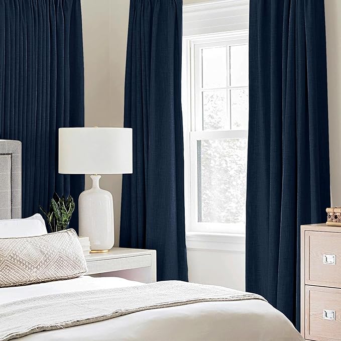 MIULEE 100% Blackout Linen Textured Curtains for Bedroom Solid Thermal Insulated Midnight Blue Grommet Room Darkening Curtains & Drapes Luxury Decor for Living Room Nursery 52 x 108 Inch (2 Panels)