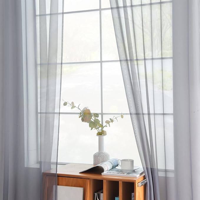 youleyar Solid Sheer Rod Pocket Curtain Voile Draperies 2 Panels White Beige Black Grey Coffee 52 Inch Width 45 Inch Long 1 Pair for Kitchen Bedroom Children Living Room Yard(Grey,52Wｘ45L)