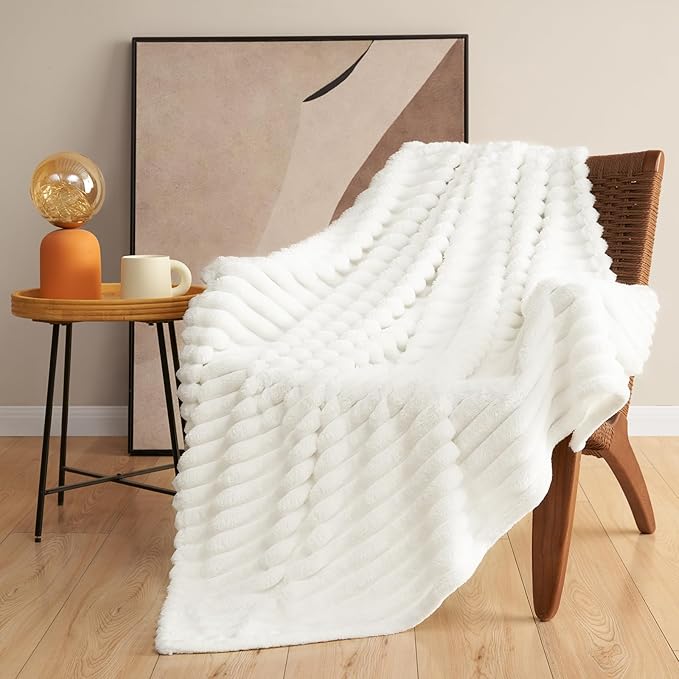 HIMEET Off White Ribbed Twin Blanket for Bed - 300GSM Lightweight Soft Fleece Blanket for Women, Cozy Blankets Graduation Birthday Gifts, Striped Spring Home School Dorm Decor, Off White, 60x80 Inches
