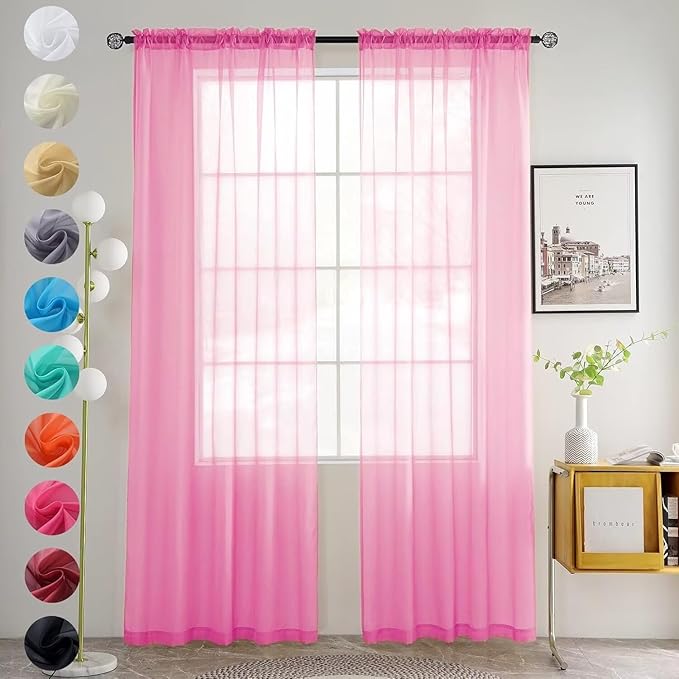 youleyar Solid Sheer Rod Pocket Curtain Voile Draperies 2 Panels White Beige Black Grey Coffee 52 Inch Width 108 Inch Long 1 Pair for Kitchen Bedroom Children Living Room Yard (New Pink,52Wｘ108L)