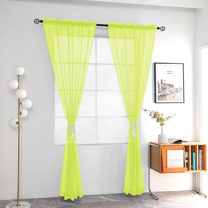 youleyar Solid Sheer Rod Pocket Curtain Voile Draperies 2 Panels White Beige Black Grey Ivory 52 Inch Width 54 Inch Long 1 Pair for Kitchen Bedroom Children Living Room Yard (Chartreuse,52Wｘ54L)