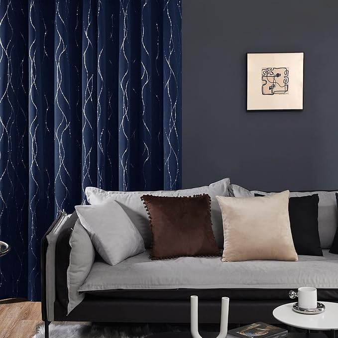 Deconovo Navy Blue Curtains, Blackout Curtain for Bedroom, 42 x 95 Inch, Thermal Insulated Soundproof Privacy Drapes with Silver Wave Dots Pattern, Grommet Top, Machine Washable Panel for Living Room