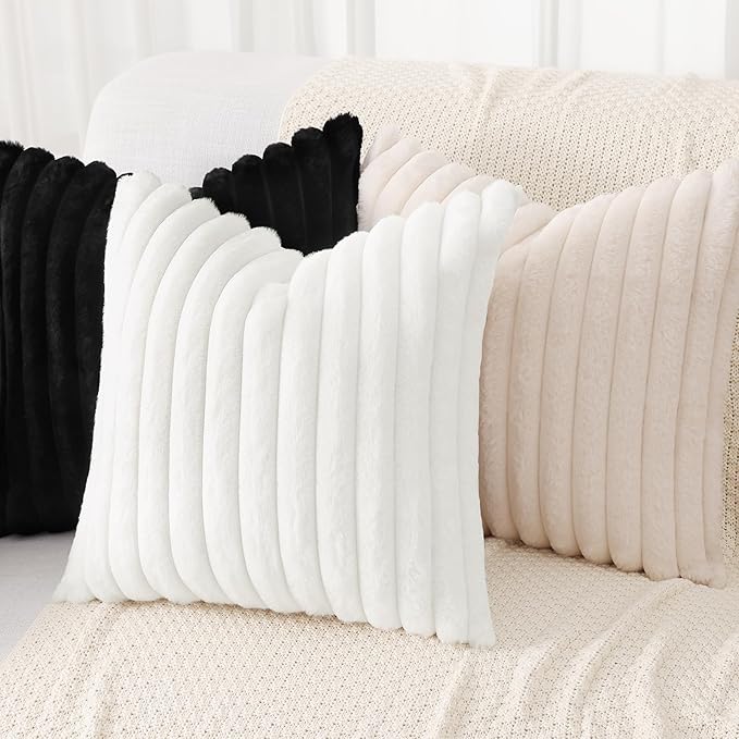 decorUhome Summer Cozy Faux Fur Throw Pillow Covers 22x22 Set of 2 Decorative Soft Plush Striped Modern Farmhouse Boho Couch Euro Sham Pillow Cases with Velvet Back for Sofa Bed Living Room, White