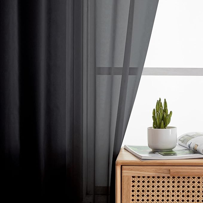 Simplebrand Black Sheer Curtains 120 Inches Long, Extra Long Rod Pocket Solid Color Window Sheer Curtain Panels, Elegant Curtains & Drapes for Living Room, Bedroom 2 Panels (Black, 59" W x 120" L)