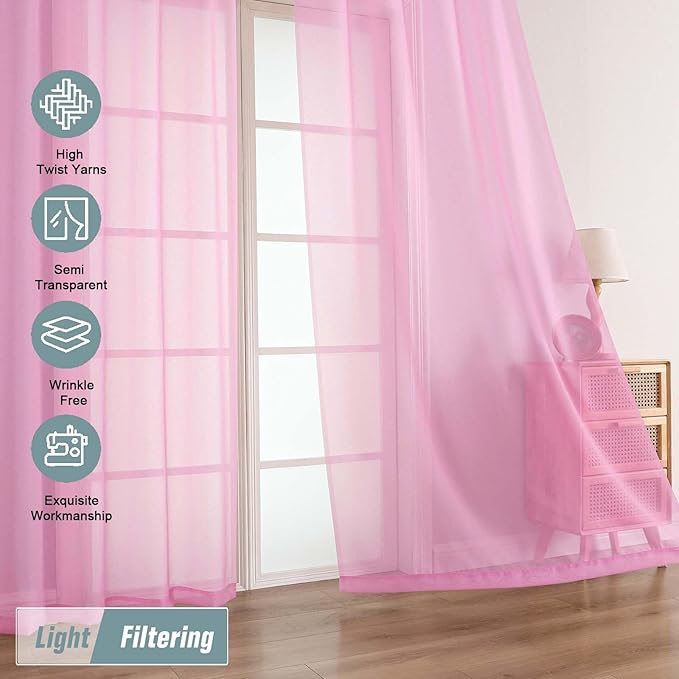 Light Pink Sheer Curtains for Window 96 Inches Long 2 Panels, Soft Airy Light Filtering Voile Sheer Curtains for Living Room Bedroom, Dual Rod Pocket Elegant Window Drapes, 2x42Wx96L Inches