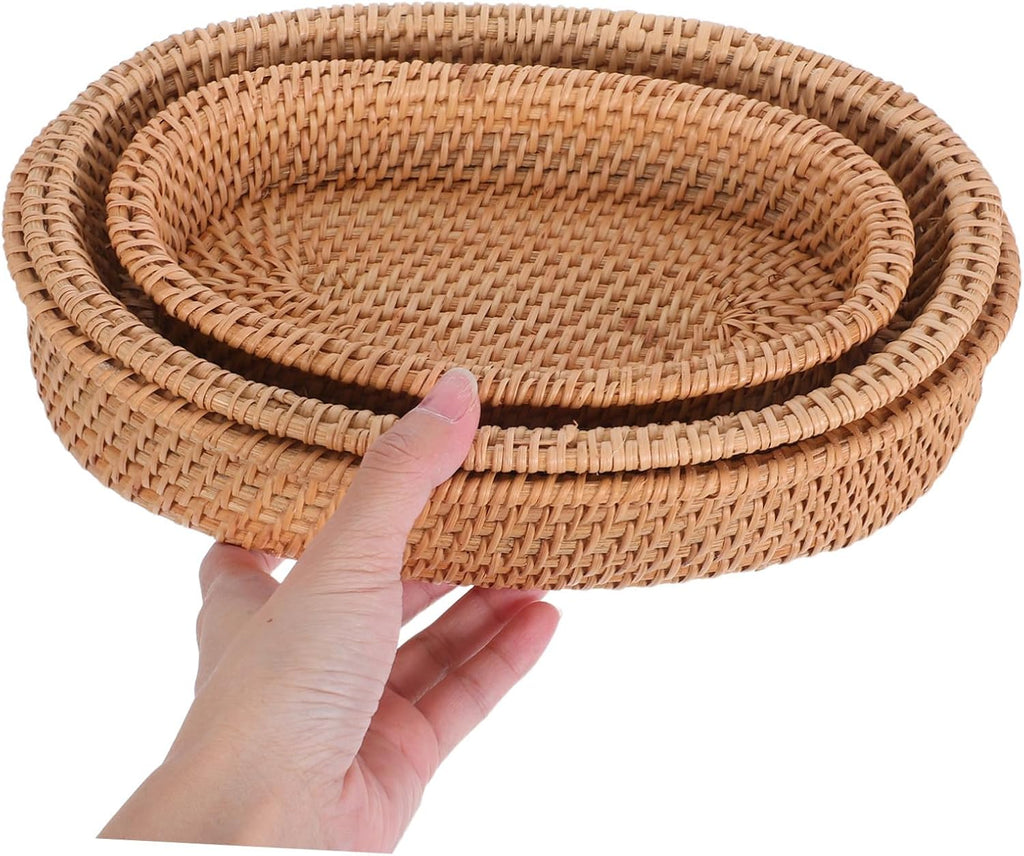 VANZACK 3pcs Oval Handmade Rattan Bread Baskets Natural Woven Fruit Tabletop Storage Bowls Compact Kitchen Organizer Tray for Snacks and Small Essentials