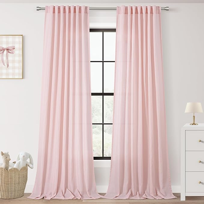 Pink Linen Curtains 84 Inch Length 2 Panels Set for Living Room Light Filtering Semi Sheer Curtains Cherry Blossom Pink Decor Modern Elegant Back Tap Drapes Nersury Bedroom 52ﾗ84 Inch