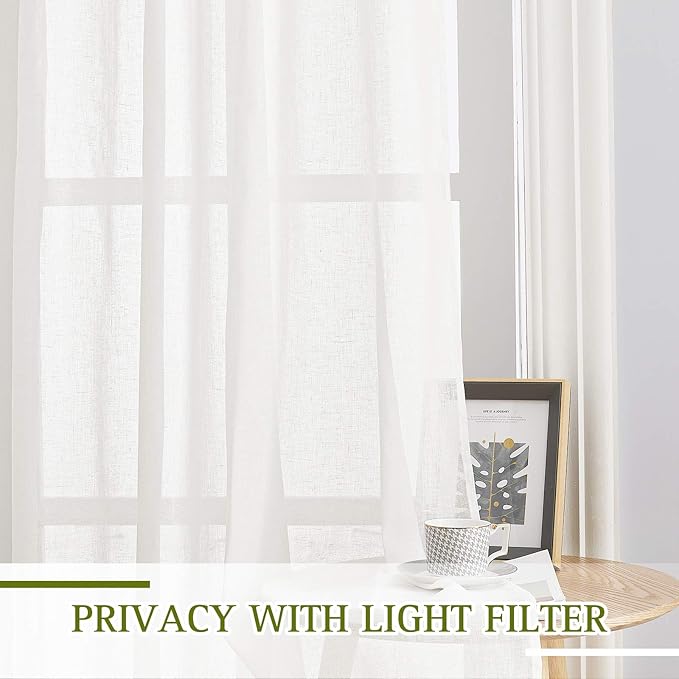 NICETOWN Short Linen Curtains for Kids Room 48 inches Long, Grommet Flax Semi Sheer Window Treatments Privacy with Light Filtering for Bedroom/Bathroom, Ivory, 2 Panels, W36 x L48