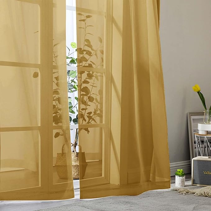 Extra Long Sheer Gold Curtains for Bedroom Living Room 120 Inches Long 2 Panels Set, Solid Soft Light Filtering Rod Pocket Sheer Window Curtains, Gold, Each 42" Wx120 L Inch