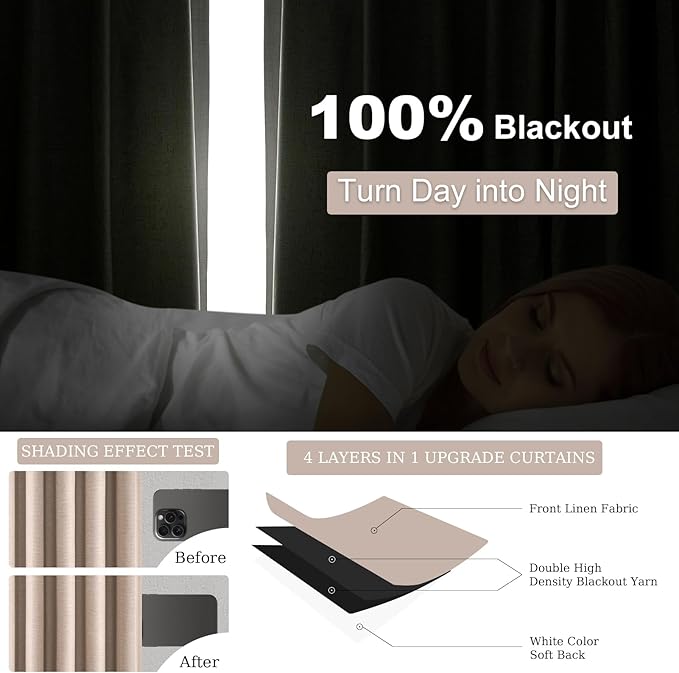 Natural Beige 95 inch bedroom living room curtains 2 Panels 100% Blackout Linen texture Curtain Drapes with Back Tab Rod Pocket Room darkening Thermal Insulated Curtains for Dining Sliding door 52x95