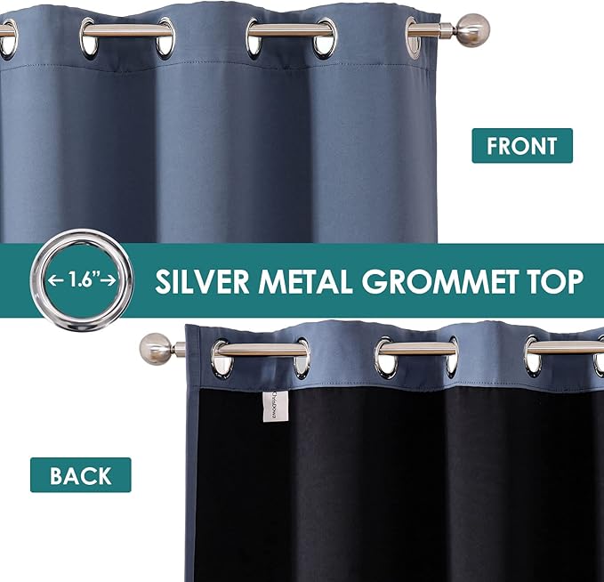 ChrisDowa 100% Blackout Curtains for Bedroom with Black Liner, 2 Thick Layers Total Blackout Thermal Insulated Grommet Window Curtains 2 Panels Set (Stone Blue, 52 x 54 Inch)
