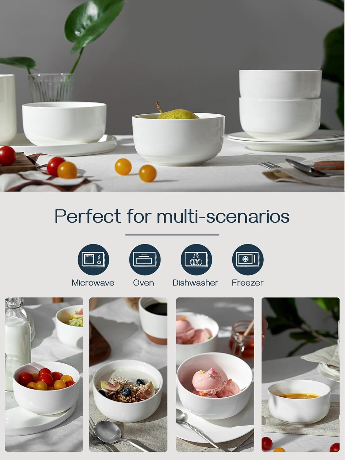 DOWAN 22 OZ Cereal Bowls Set of 6-5.25" White Soup Bowls for Kitchen, Ceramic Bowls for Cereal, Soup, Oatmeal, Rice, Dishwasher & Microwave Safe