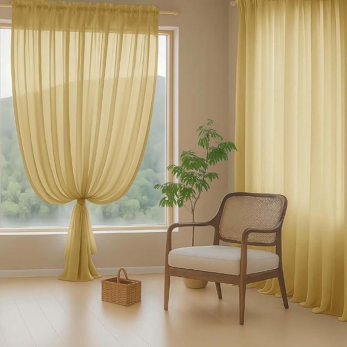 Gold Sheer Curtains 84 Inches Long 2 Panels, Elegant Airy Transparent Light Filtering Window Curtains, Window Drapes for Living Room Bedroom, Top Dual Rod Pocket Design, 2x42Wx84L Inches