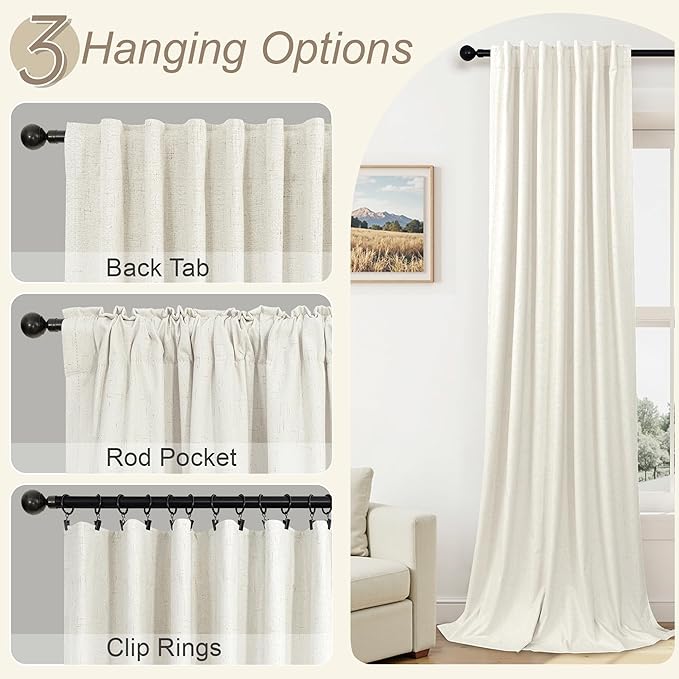 100% Blackout Curtains 84 Inch Length 2 Panels Set Neutral Boho Linen Farmhouse for Bedroom Windows Living Room Darkening Thermal Insulated Drapes Natural Cream Ivory 7ft Long Back Tab Pleated Pocket