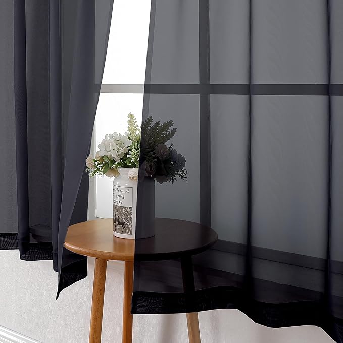 Lecloud Black Sheer Curtains 68 Inch Length 2 Pcs, Light Filtering Rod Pockets Window Curtains for Bedroom, Soft Voile Solid Home Drapes for Living Room Bathroom Loft, Each Panel 42" W x 68" L