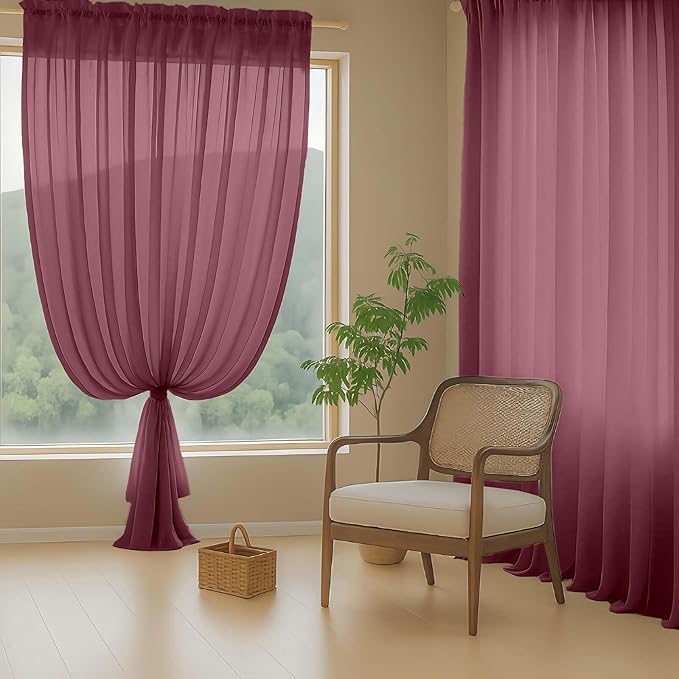Sheer Curtains 84 Inches Long 2 Panels, Elegant Airy Transparent Light Filtering Window Curtains, Window Drapes for Christmas Party, Dual Rod Pocket Design, Burgundy, 2x42Wx84L Inches